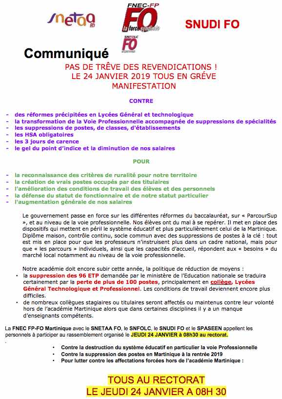 communiqué grève 24 janvier 2019 des syndicats