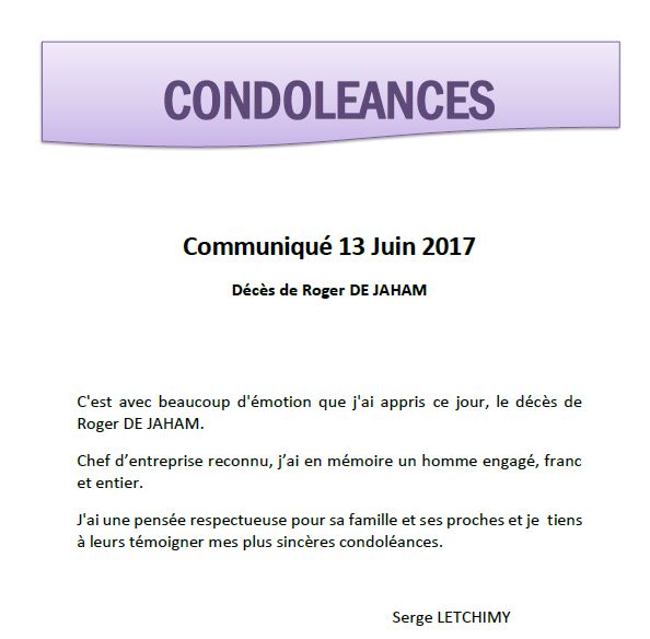 condoléances de jaham letchimy