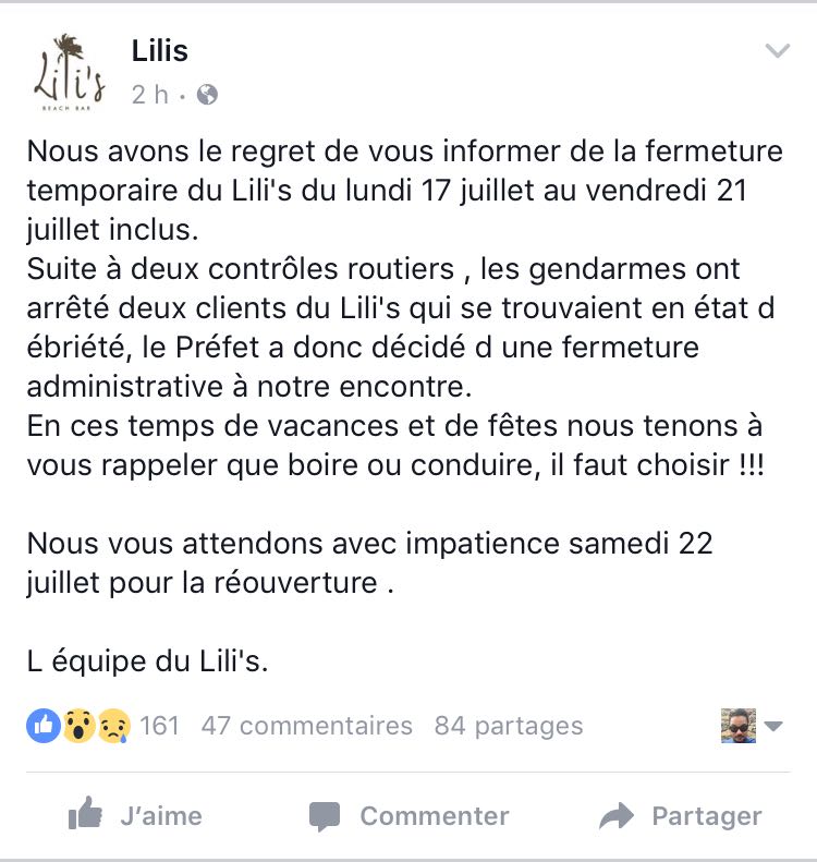 Post facebook de la page Lilisbeachbar