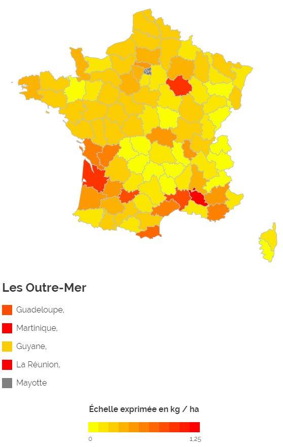 Carte de la consommation de glyphosate dans les départements ultramarins
