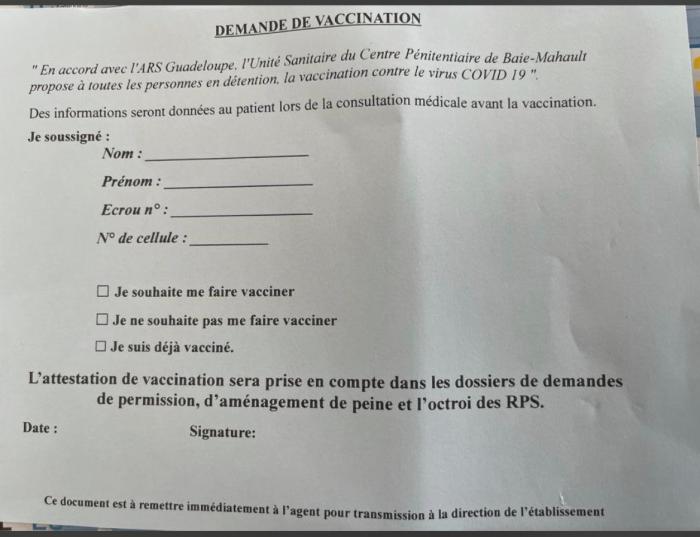 Feuillet chantage à la vaccination prison Baie Mahault