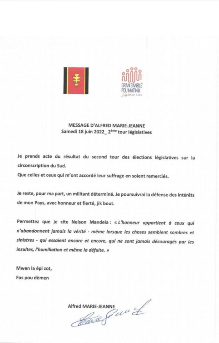 Législatives 2022 : communiqué délivré par alfred Marie-Jeanne après sa défaite