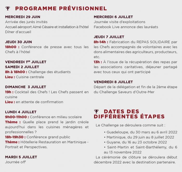 Programme prévisionnel de l'étaoe martiniquaise du "Challenge Saveurs Outremers"