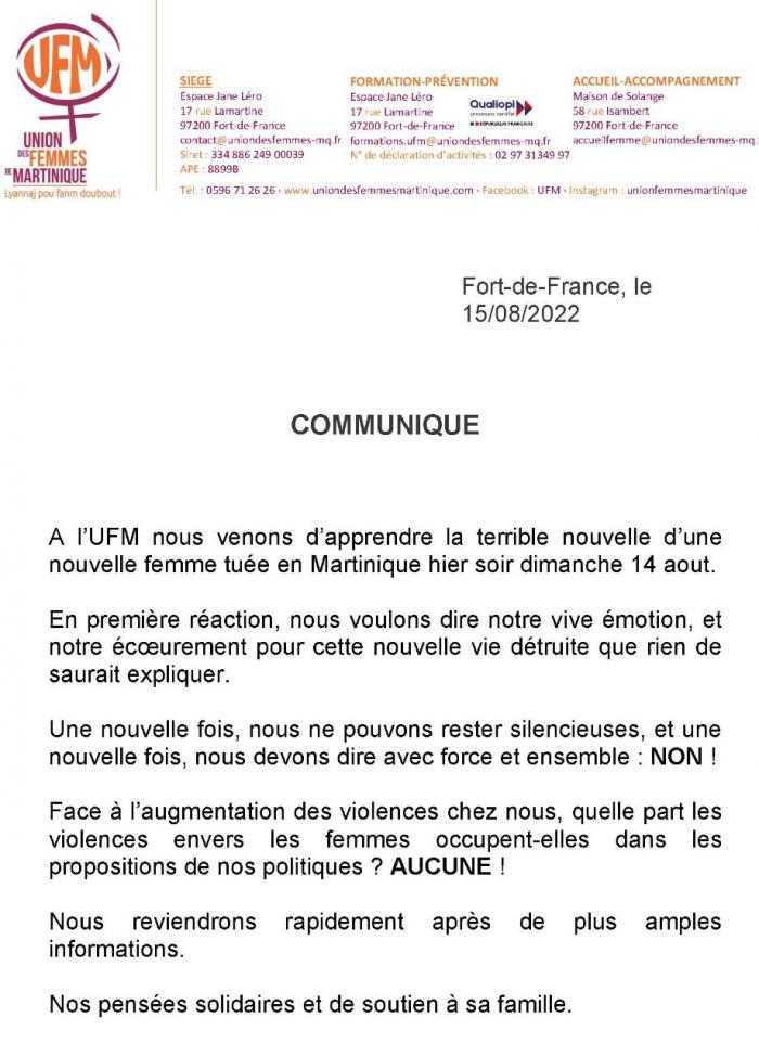 Réactions de l'UFM après le premier féminicide de l'année 2022