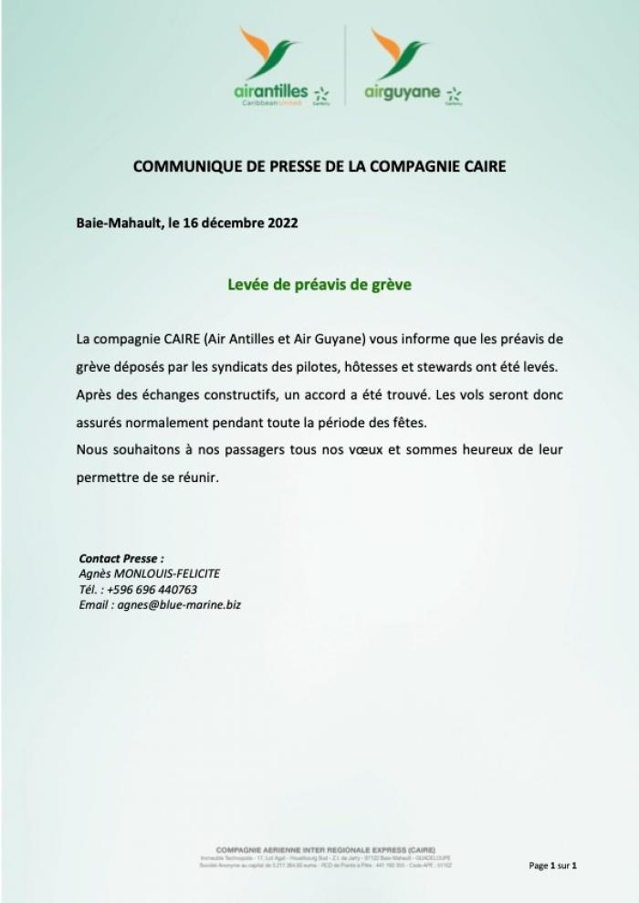 levée du préavis de grève CAIRE