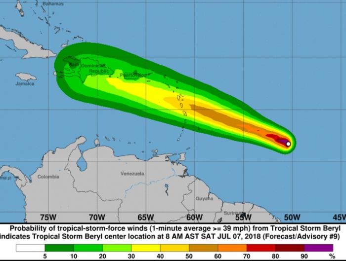 Béryl rétrogradée en tempête tropicale par le NHC