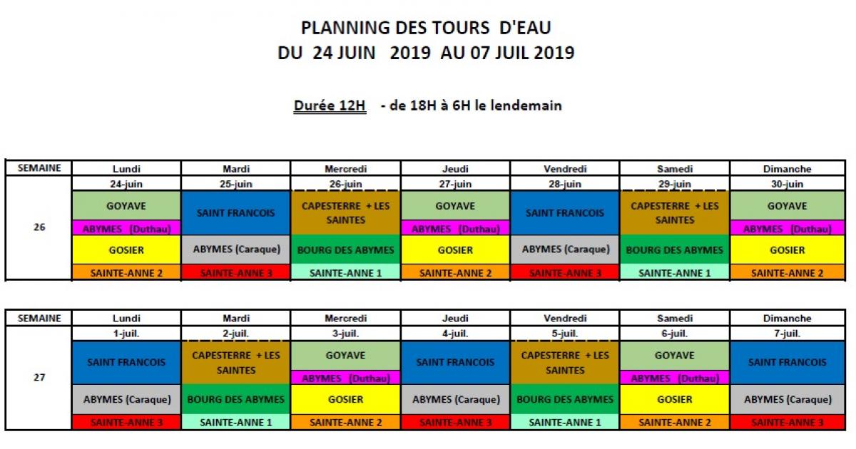 Le planning des tours d'eau du 24 juin au 7 juillet