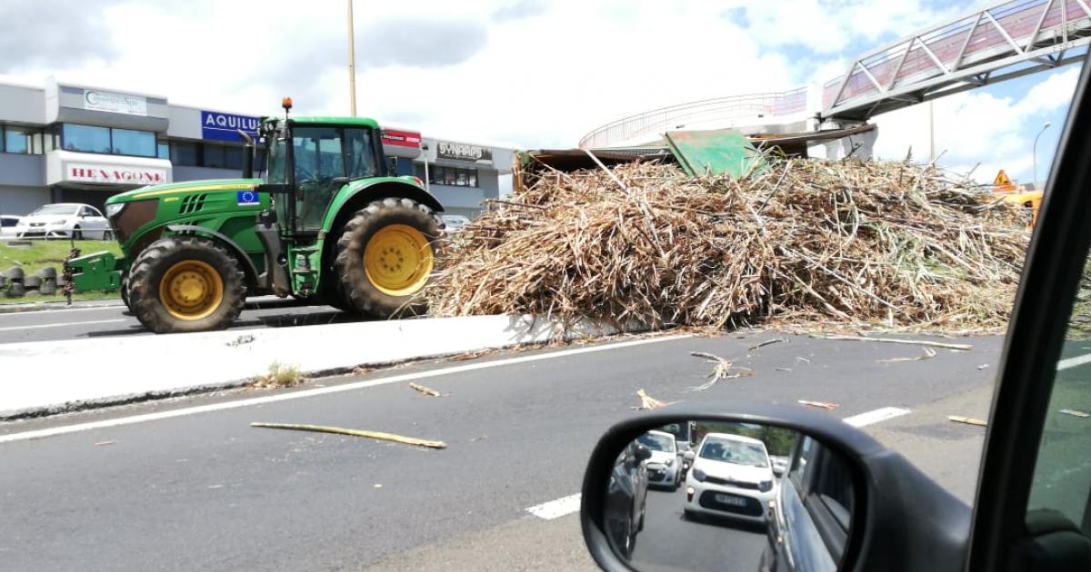     





Un chargement de cannes à sucre renversé sur la route à Ducos




