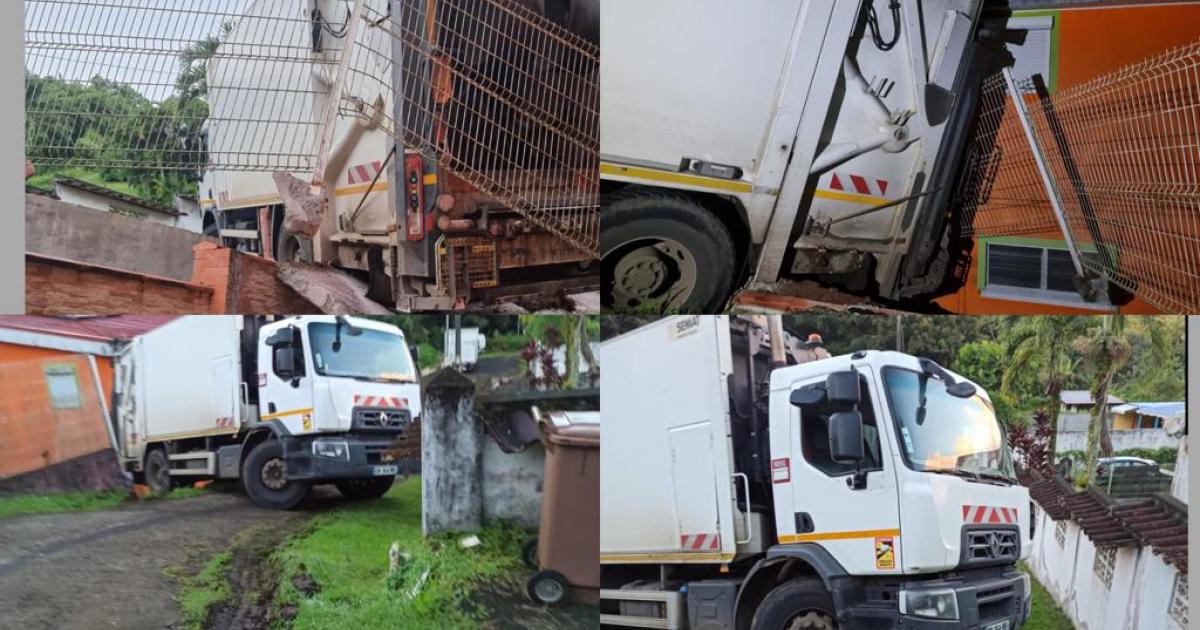 Un camion poubelle s'encastre dans la clôture d'une maison au Gros-Morne